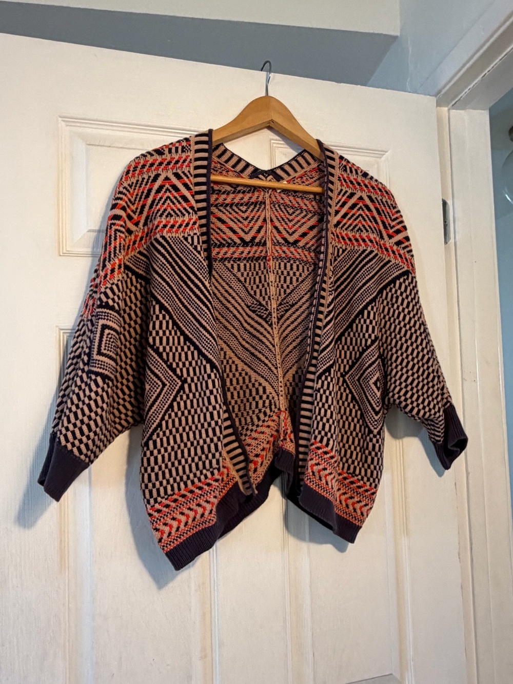 Geometric Pattern Cardigan Sweater - Navy & Coral - S/P
